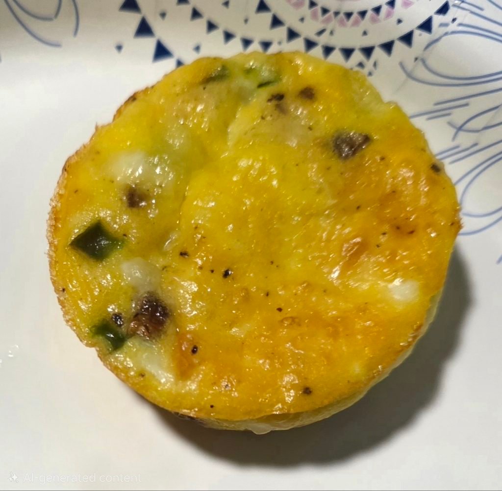 Breakfast egg bite with cheese, peppers, and ham